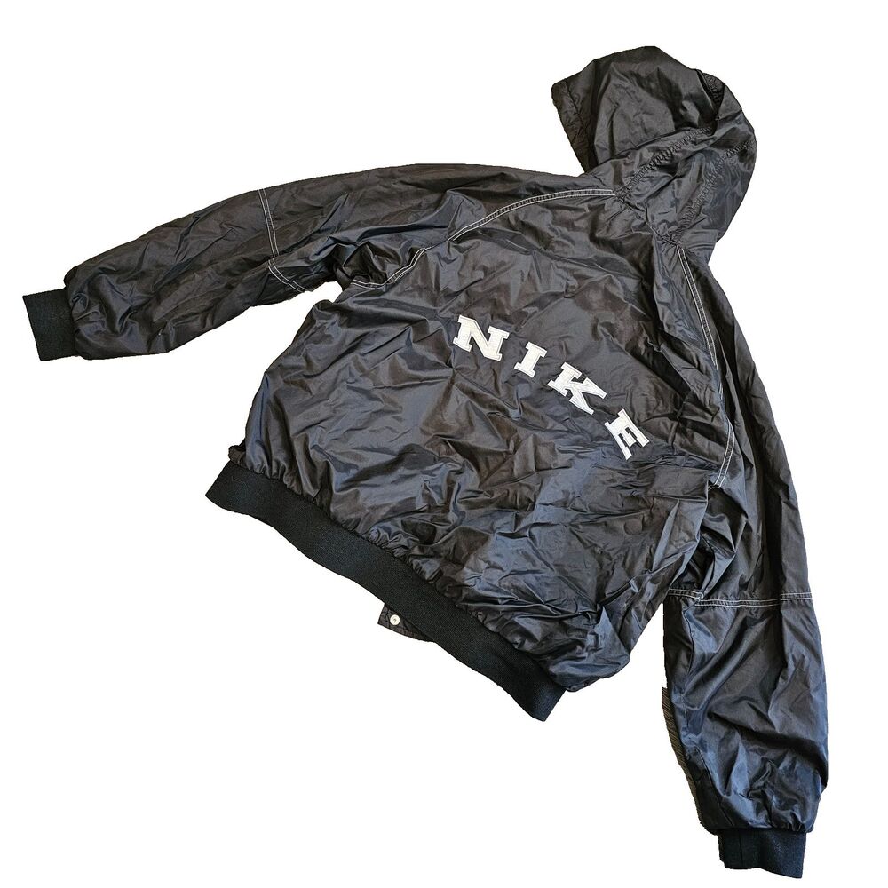 NIKE vintage windbreaker XL jacket mens black hooded spellout swoosh lined